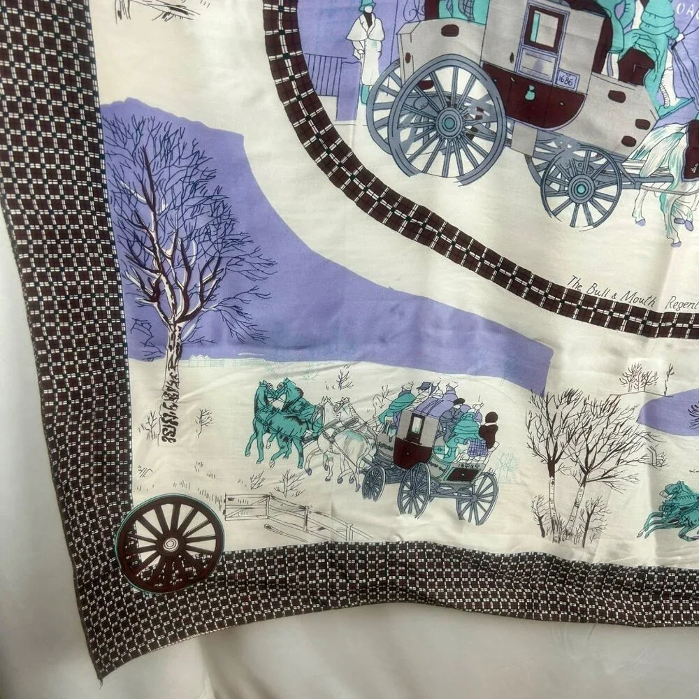 Vintage Chun‎ Hua Silk Scarf Women Square Horse Carriage Equestrian England Pub